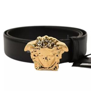 VERSACE Medusa Buckle Gold Belt Black Leather Women’s Size 60cm/24 In